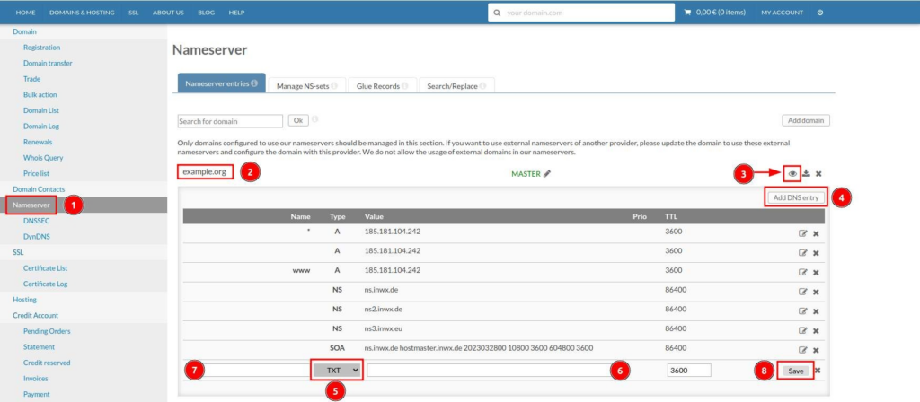 Screenshot INWX Dashboard, Nameserver Settings