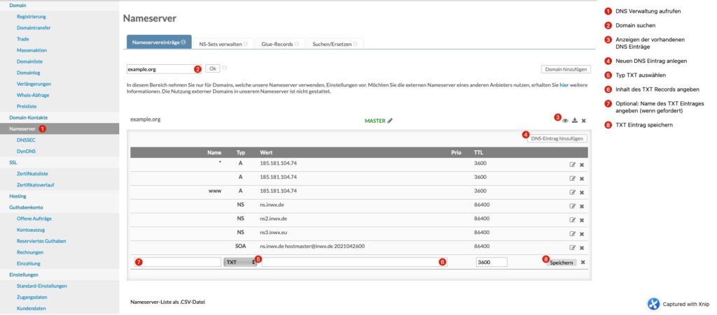 Screenshot des INWX Kundenbereich mit den DNS-Einstellungen